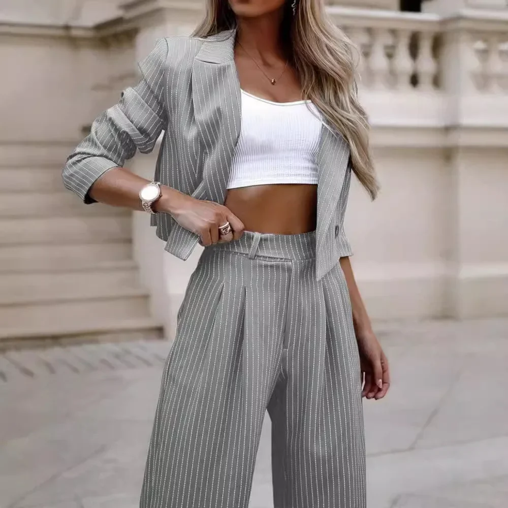 2024 Elegant Casual Striped Cropped Lapel Suit Straight-Leg Pants Women's Clothing European American Foreign Trade