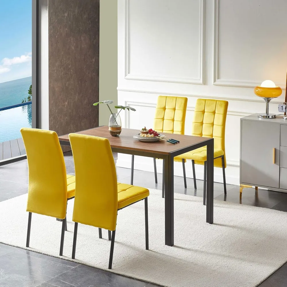 5-Piece Dining Table Set, 47 in Modern Rectangle Walnut Faux Wood Grain Kitchen Table & 4 High Back Yellow Velvet