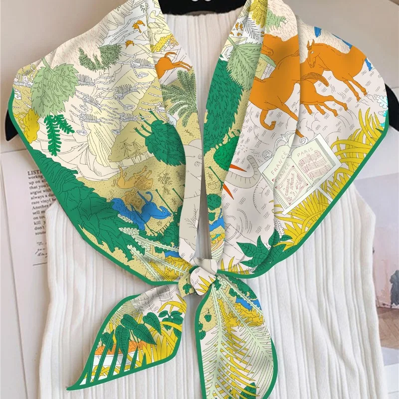 

New Triangle Scarf Woman Twill Silk Scarves Luxury Bandana Headband Hijab Foulard Neckerchief Shawl Colorful Light Flower