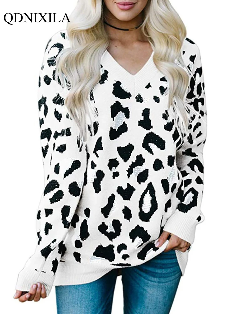 2022 autunno inverno nuovo Pullover con scollo a v manica lunga Top lavorato a maglia all\'uncinetto stile coreano leopardo Jacquard camicette da