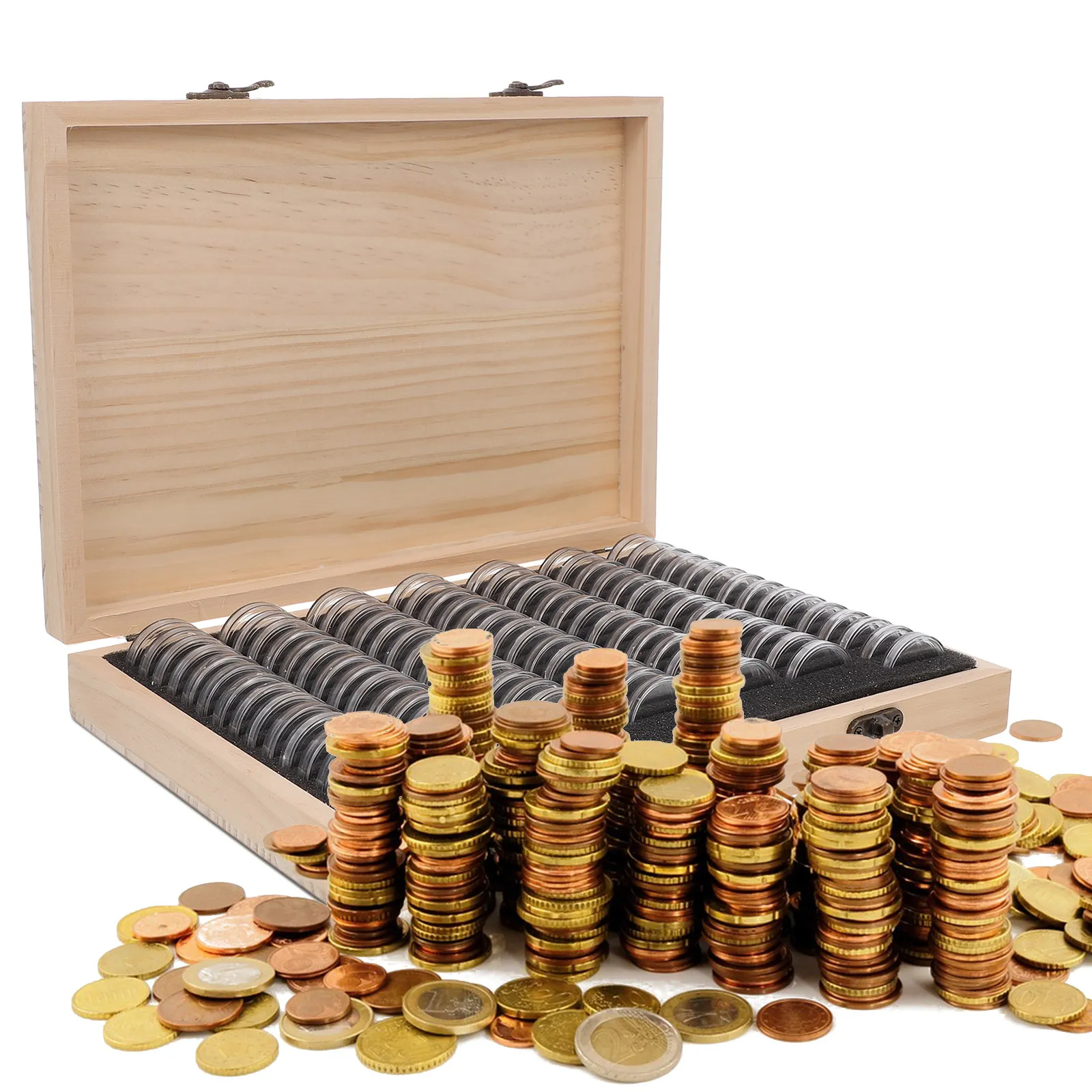 

Регулируемый деревянный футляр для монет на 100 отделений с надежным замком для хранения капсул, медалей и значков