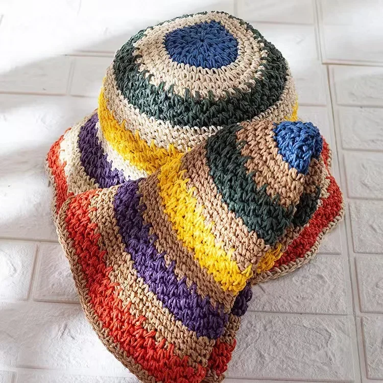 Rainbow Sun Hat Women Summer Striped Crochet Beach Bucket Hat Women Crochet Foldable Panama Hat Female Beach Sun Visor Cap