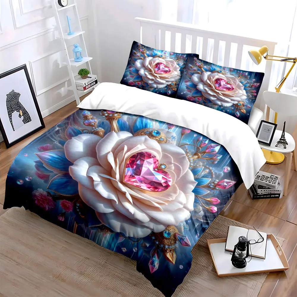 Dreamy White Rose with Pink Jewel Heart Duvet Cover Set with 3D Printing Design Soft Polyester Bedding Set All-Season Comfort