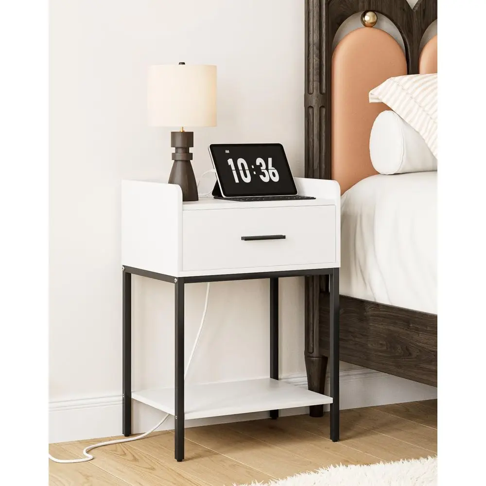 

Charging Station Nightstand with Drawer and 2-shelf Storage for Modern Bedroom and Living Room