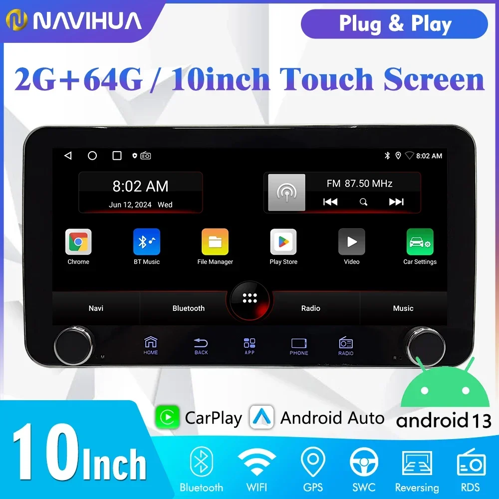 360° Rotation Android Universal Machine Large Screen Car Android Dual Knob Button Bobble Head Machine Carplay Android Auto GPS