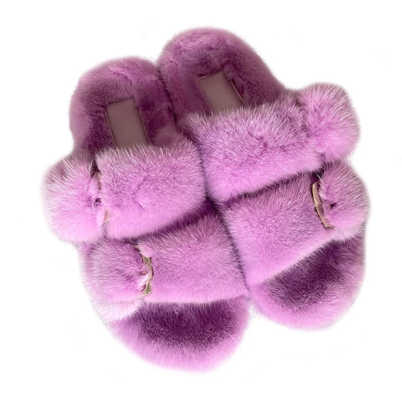 2024 Women\'s Fur Slippers 100% Real Mink Fur Slippers European Station Ladies Fur Slides Flat Heel Fashion Luxury Mink Slippers