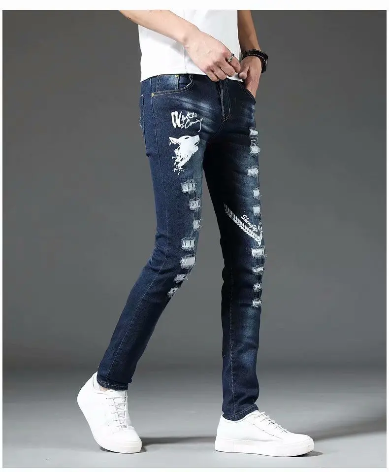 กางเกงยีนส์ยืดใหม่ สไตล์ Y2K ยุค 2000 ปักลายสไตล์เกาหลี ขาดๆ พิมพ์ลาย แฟชั่น กางเกงขายาวทรงสลิมฟิตสำหรับผู้ชาย ไซส์เล็ก สไตล์ลำลอง
