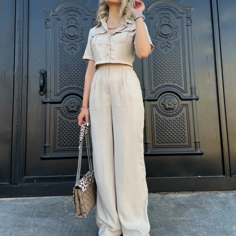 

Fashionable lapel Style Short Sleeved Pocket Top Casual Straight Leg Pants Retro Solid Color Summer Women's Office Two-piece Set