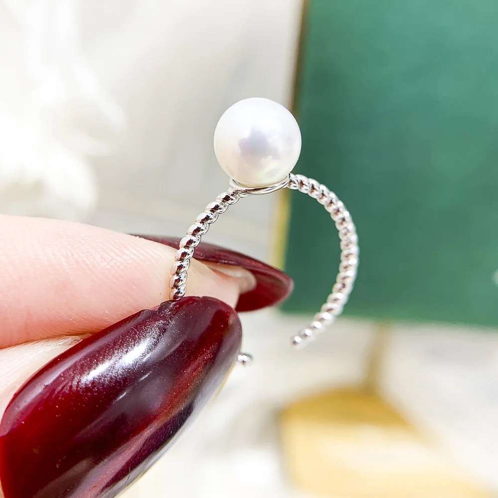 

5pcs DIY Pearl Accessories 925 Silver Pearl Ring Empty Holder, Fashionable Gold Silver Ring Holder with 6-9mm Round Beads