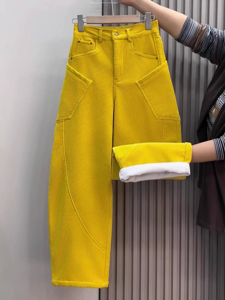 

Winter Solid Color Straight Pants Women Thicken Warm Corduroy Slacks Fashion Y2k Street Elastic High Waist Curved Knife Trousers
