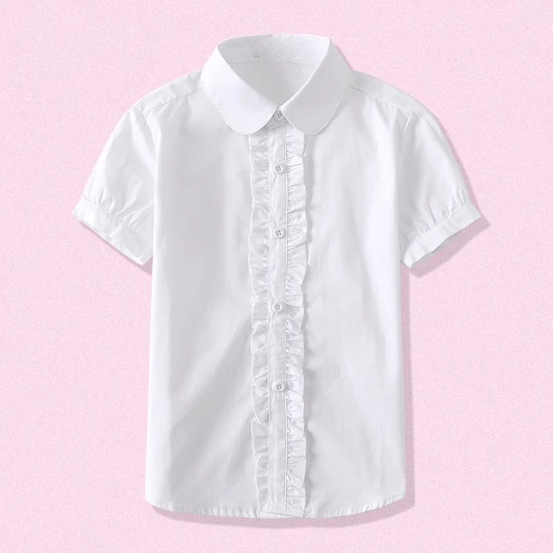 Summer Kids Blue Shirts for Girls School Uniform White Blouses Short Sleeve Preppy Cotton Children Clothing Vestidos 6 8 10 14 Y