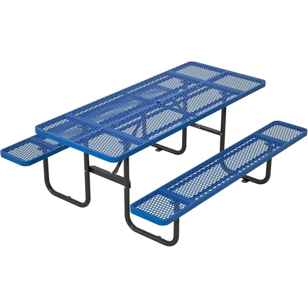 

Heavy-Duty 72 Steel Mesh Picnic Table with Umbrella Hole, Weather-Resistant Outdoor Furniture for Patio, Garden, and BBQ, Blue