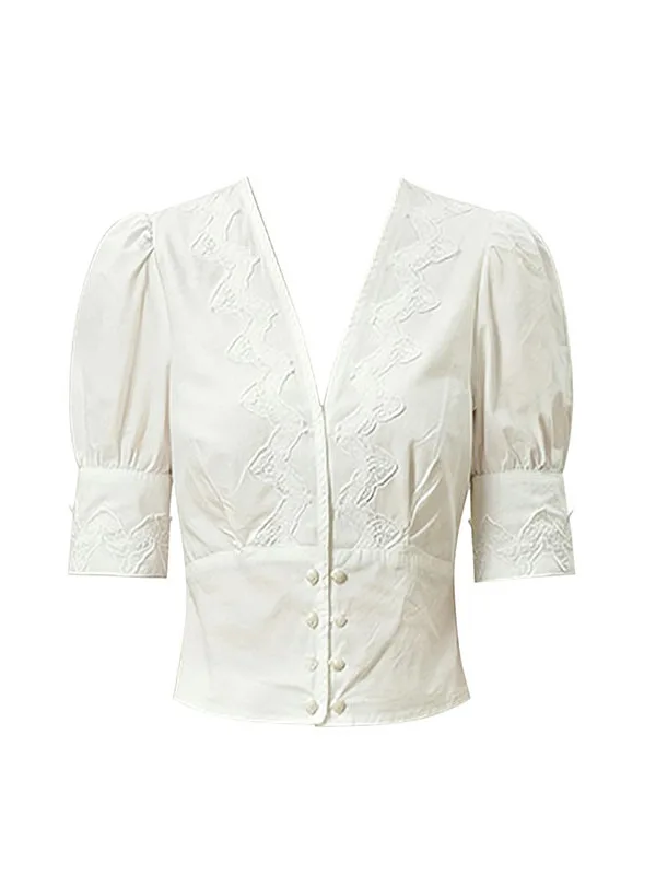 

Retro Korean Style White Bubble Sleeve V-Neck Women's Shirt Slimming Waist Design Summer New Fashion Short Top