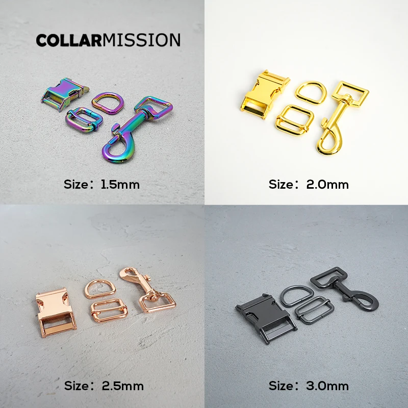 

Набор для самостоятельного изготовления ошейников для собак: 1 комплект деталей с металлическими пряжками, регулируемыми застежками, D-образными кольцами и металлическими застежками-карабинами в 8 цветах и 5 размерах, из гальванизированного металла.