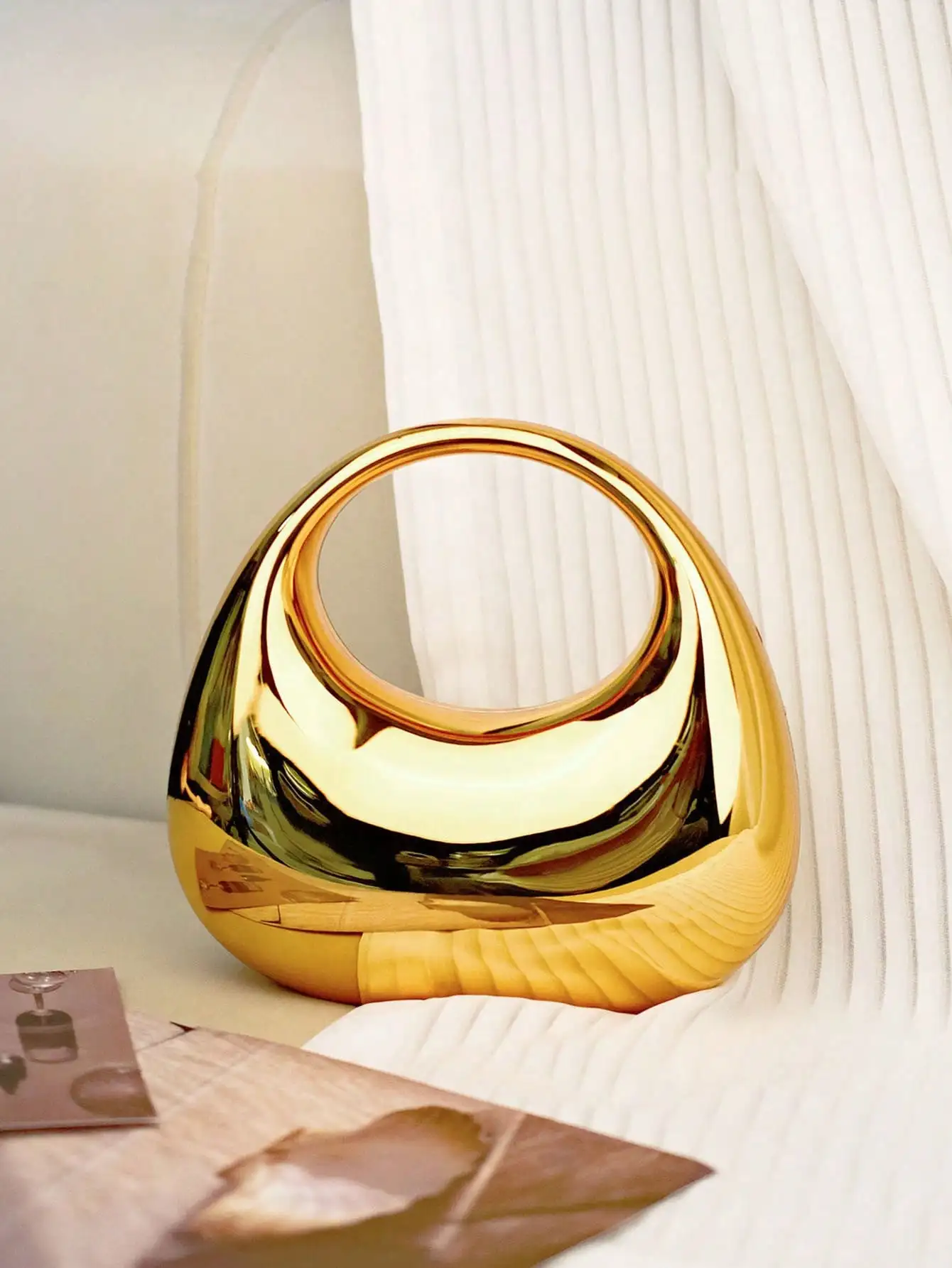 

Gold Acrylic Crescent Moon Handbag, Minimalist Evening Clutch with Ring Handle