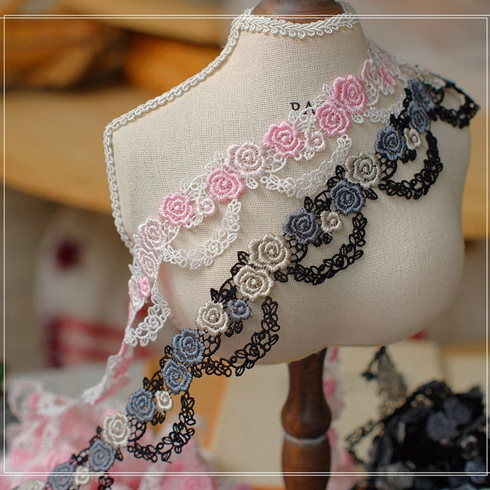 1Yard Pink Blue Lace Trim Craft Flower Lace Fabric Venice Floral Embroidered Applique Decorated Ribbon