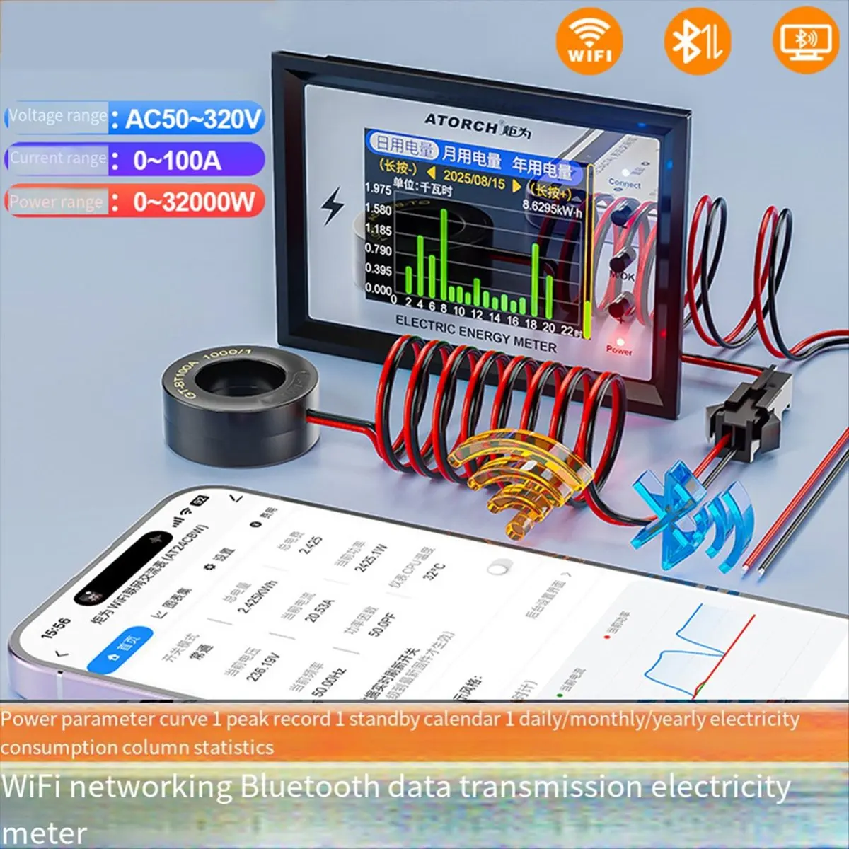 AT24CB/W AC20-320V WiFi Digital Display Power Voltmeter Ammeter Battery Capacity Tester 18 In1 Voltage Gauge Meter 100A
