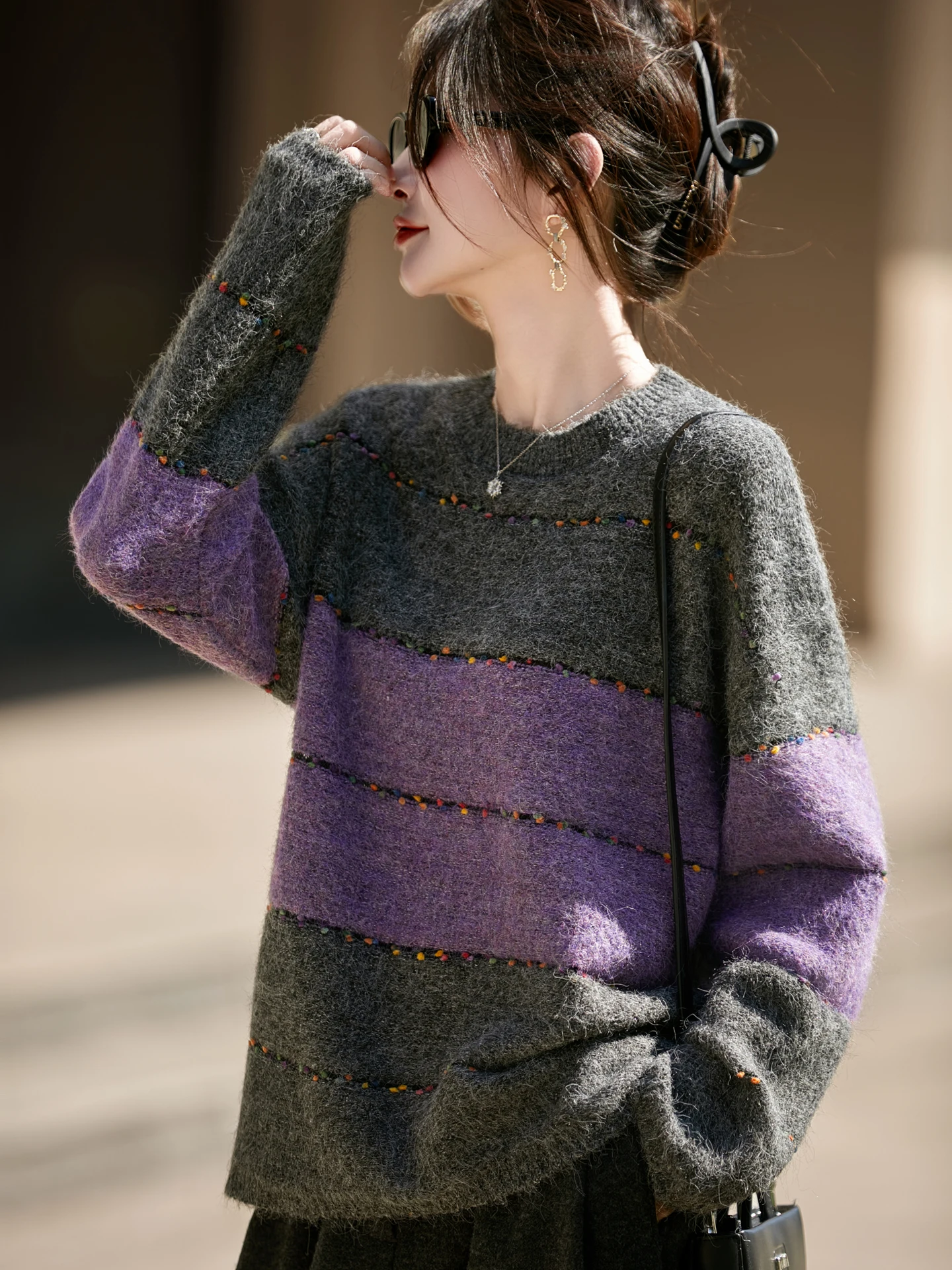 

New Luxury Women 100% Merino Wool O-Neck Knit Sweater Splicing Color Pullover Skin Friendly Fashionable Autumn Winter Clothing