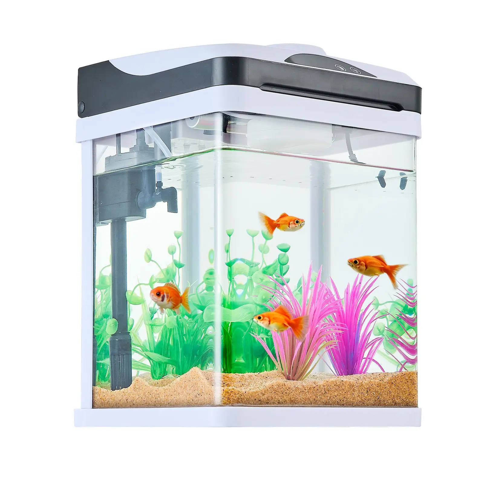 2 Gallon Ultra-Transparent Glass LED Square Fish Tank 7-Color Temperature Monitoring Aquarium Adjustable Lighting Self-Cleaning