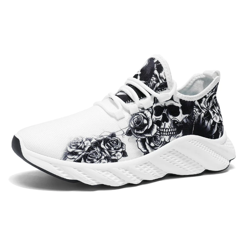 Gothic Boy Black Skull Design Light Soft Flats For Women Comfortable Mesh Sneakers Lace-up Running Shoes Halloween Gift 2025