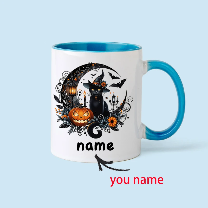 Personalized Halloween Mug with Customizable Name, Featuring a Witch Cat and Pumpkin Design, Perfect for Halloween Parties.