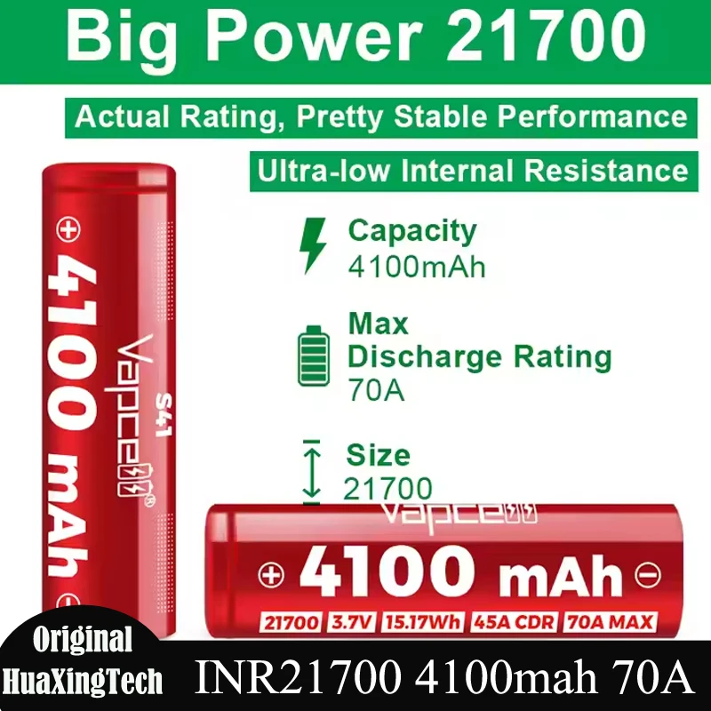 Original Vapcell INR 21700 S41 Battery 4100mah Capacity 45A/70A MAX Power New Rechargeable Lithium Batteries for Battery Pack