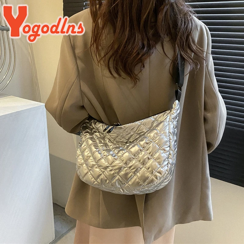 Yogodlns Winter Space Cotton Shoulder Bag For Women Retro Rhombus Dumpling Bag Luxury Female Crossbody Bag Armpit Handbag sac