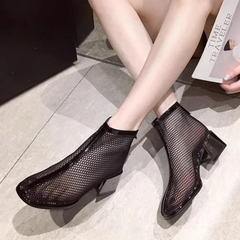 Women\'s Sandals Summer New Medium Heel Bag Head Mesh Zipper Bag Heel Sandals Casual Comfortable Breathable Sandals