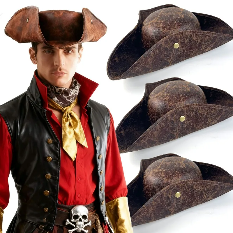 Pirate Hat Brown Synthetic Leather Cosplay Costume Accessory Classic Round Tricorn Hats Fancy Dress Party Outfit for Tricorn Hat