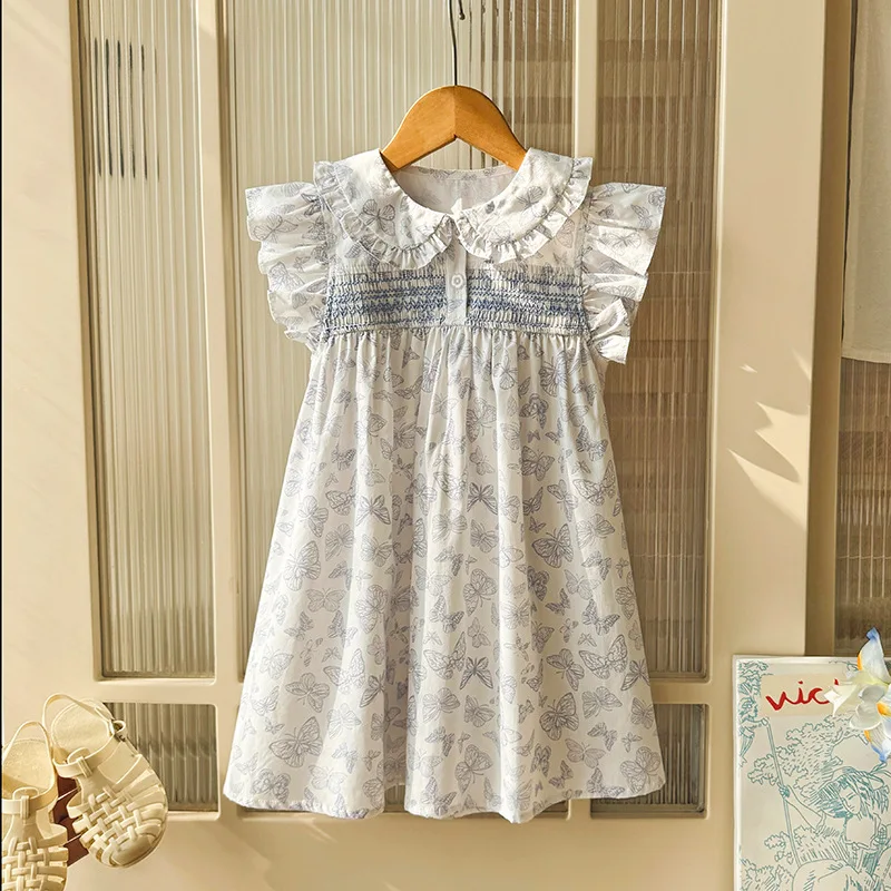

Handcrafted French Doll Collar Girls Dress Summer 2026 with Butterfly Print And Fairy Wings Sleeves Children's Clothing