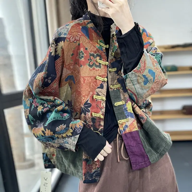 Vintage Harajuku Cotton Jacket Autumn Women's Coat Loose-fit Printed Long-sleeve Cropped Jacket Patchwork Tops Mujer Design
