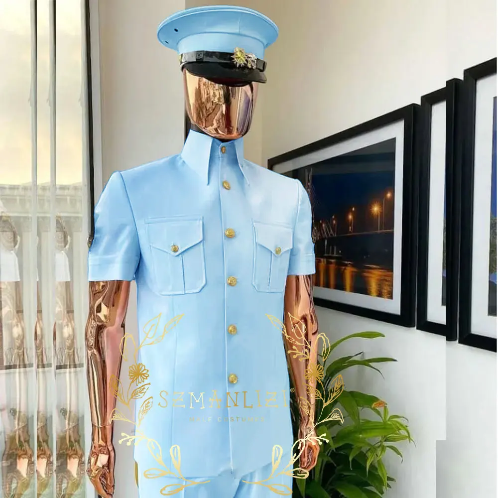 

Short Sleeves Stand Collar Sky Blue Men Suits Slim Fit 2 Pieces Blazer+Pants Formal Groomsmen Wedding Tuxedos Costume Homme