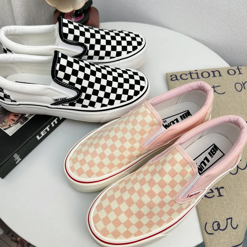 Quality Women Thick Sole Pink Canvas Shoes Checkered Unisex Black White Checkered Sneaker Slip On Girls Students Casual Shoes