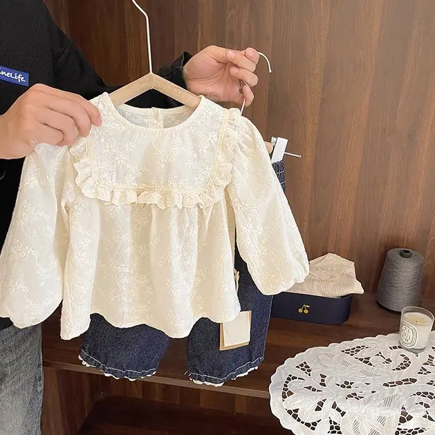 Baby Girl Premium Lace Jacquard Shirt Baby Girl Autumn 2024 New Girls Breathable Cotton Doll Shirt Top Casual Elegant