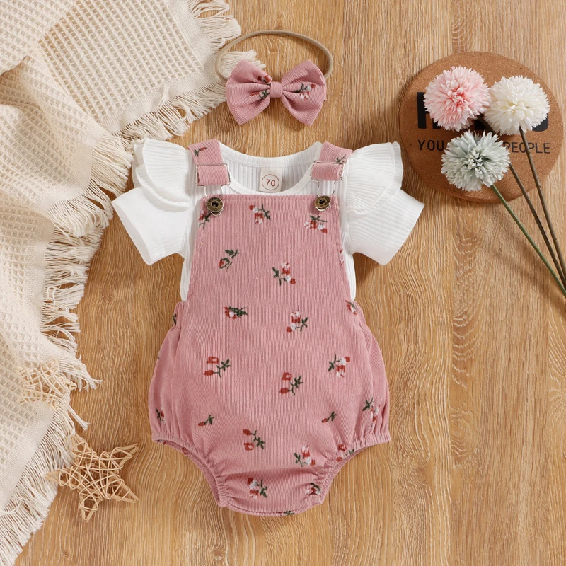 

Wankitoi Infant Baby Girl Summer Clothes Ruffle Short Sleeve Knitted T-shirt Top Flower Suspender Jumpsuit with Headband