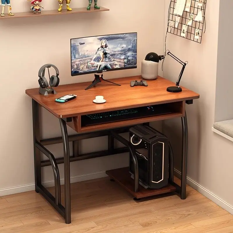 Computer Desk Brown Wood Top Black Metal Frame With Pull-Out Keyboard Tray Cpu Stand For Home Office Gaming Study