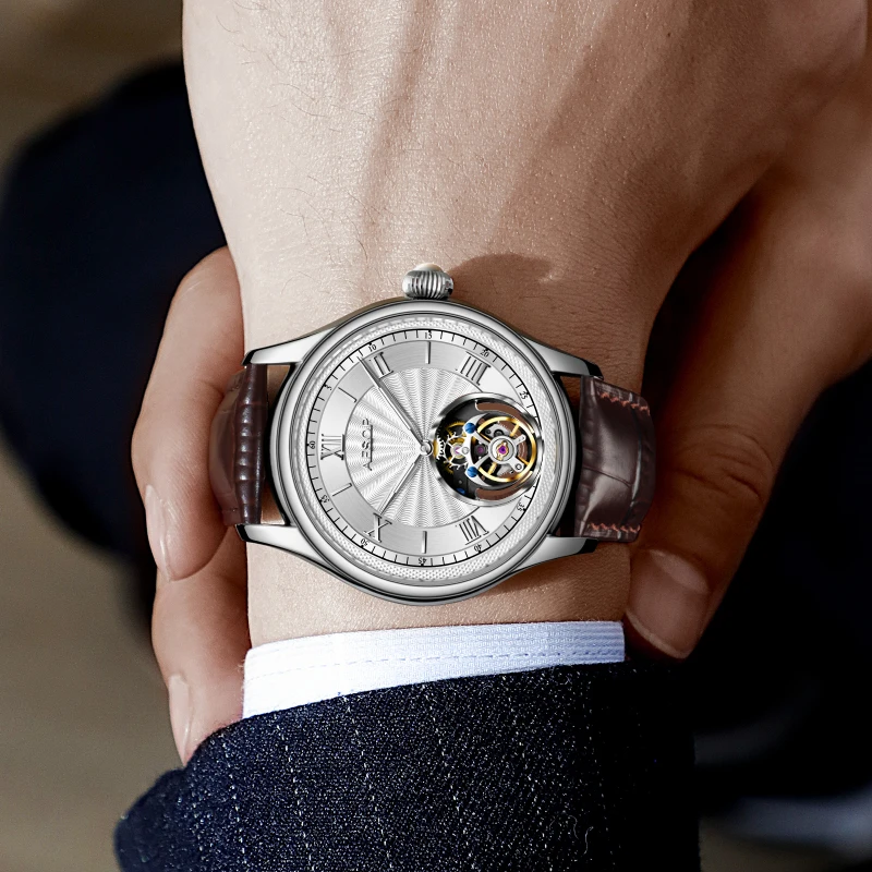 AESOP Luxury Men's Tourbillon Manual Mechanical Watch Classic Fashion Light Luxury 3Bar Waterproof Watch with Leather Strap