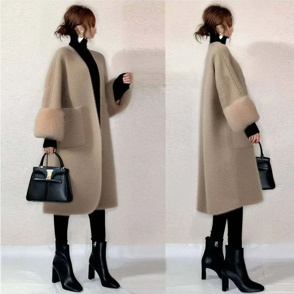 معطف فرو جلدي بطول الكتف بدون ياقة وأكمام متوسطة الطول معطف صوفي نسائي من ألياف البوليستر #1