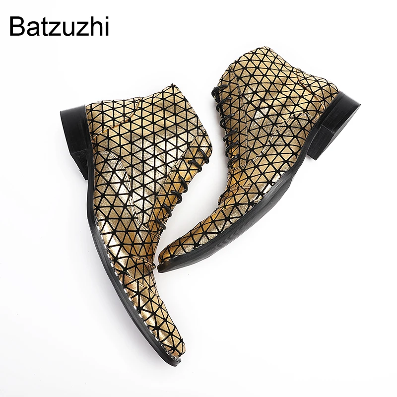 Batzuzhi Pop Fashion Leather Ankle Boots Man Lace-up and Zip Gold Punk Night Club Boots Man!