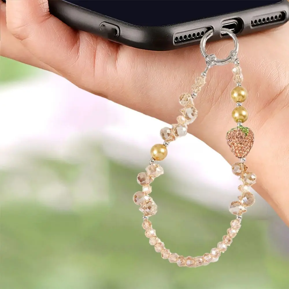 With Clip Strawberry Crystal Pendant Short Anti-lost Bling Strawberry Phone Chain Bag Charms Trinket Pearl Mobile Phone Lanyard