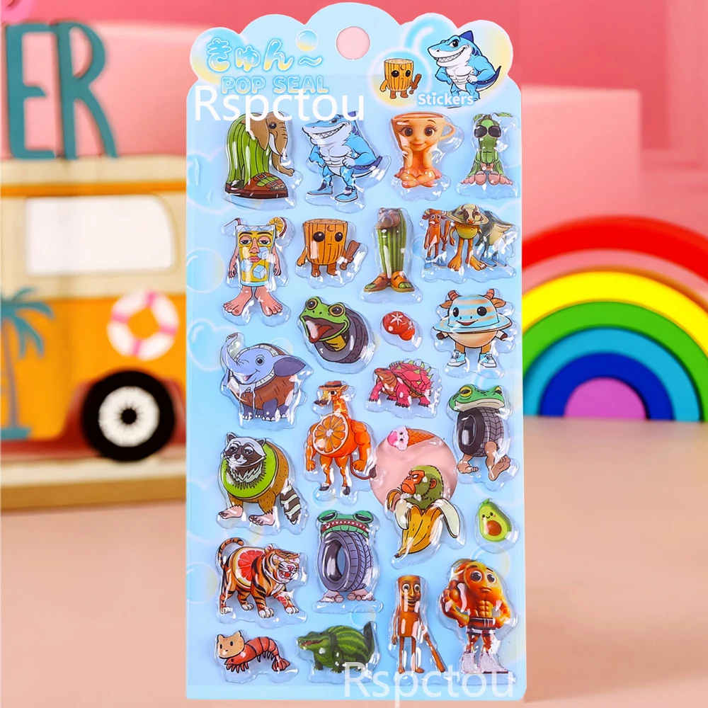 4 pièces Tung Tung Tung Sahur 3D gonflé autocollants italien cerveau Animal bulle décalcomanies cahier réfrigérateur téléphone autocollant décoration jouets