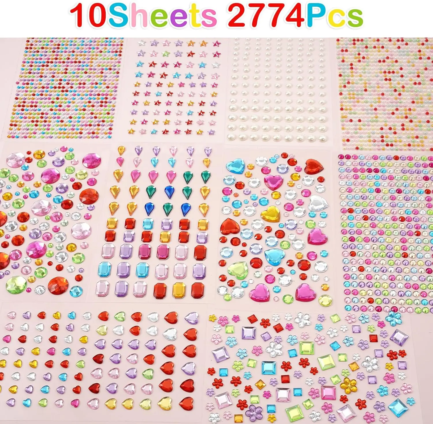 2774pcs Gem Stickers Jewels for Crafts, Self Adhesive Rhinestone Jewel Stick on Gems, Acrylic Bling Heart Stickers,