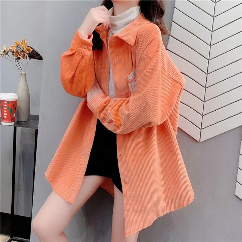 Corduroy Shirt Jacket Female Spring Autumn Students Korean Loose Fashion Outdoor Wear Retro Hong Kong Style Long Sleeved Top