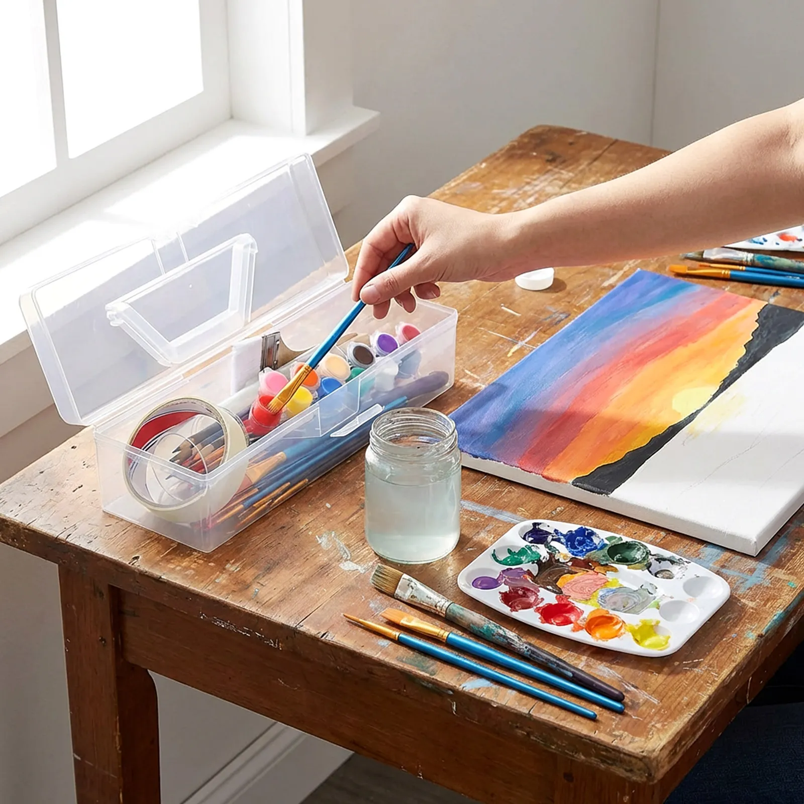 

2Pcs Clear Storage Box with Sturdy Handle Spacious Compartment for Paint Brushes Watercolor Pens Art Tools Organizer Transparent