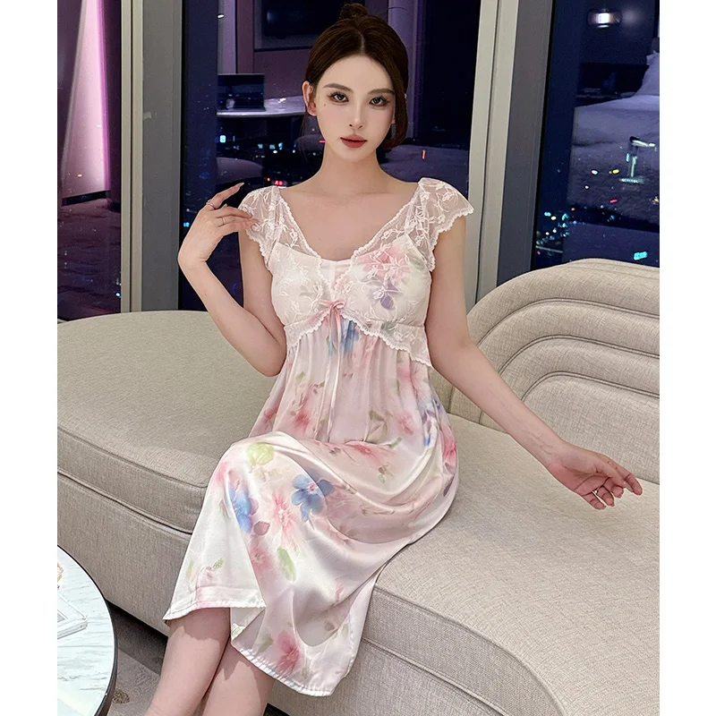 

Pajamas women's summer ice silk lace suspender nightdress pure desire with chest pad off-the-shoulder sweet homewear