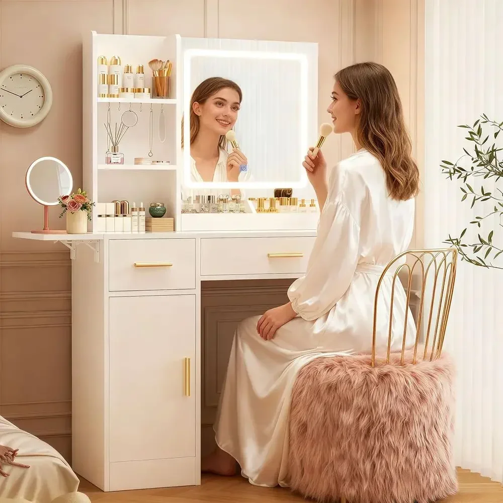 Makeup Vanity Desk with Mirror, Lights, 41.34, 7-Drawer, White, for Girls' & Ladies' Bedroom
