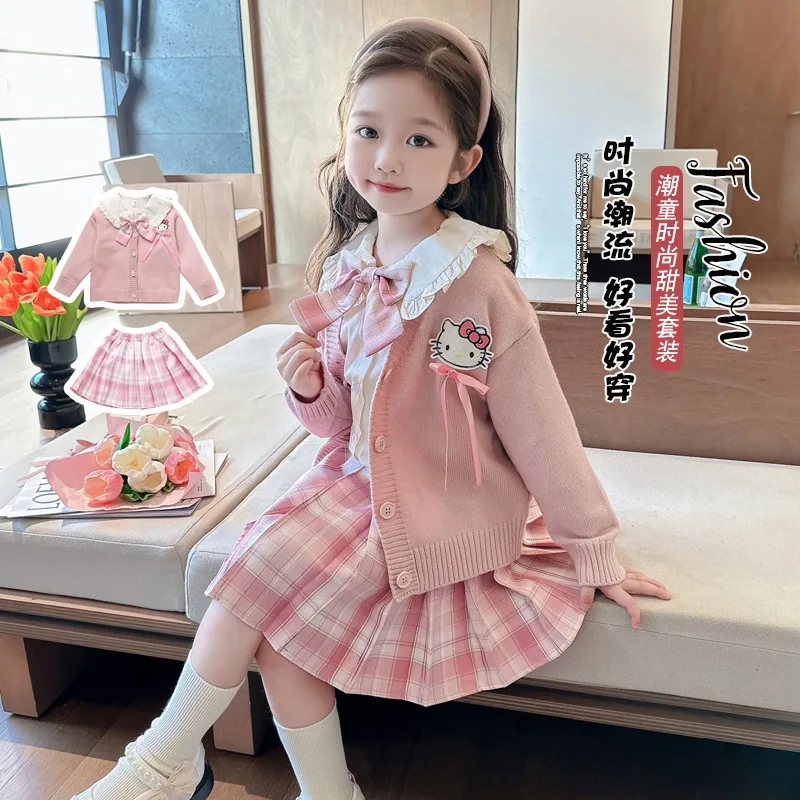 3Pcs Girl's Cardiganr Shirt Pleated Skirt Tie Tie Jk Uniform Hello Kitty Kuromi Sanrios Y2K Kids Fashion Spring Autumn College