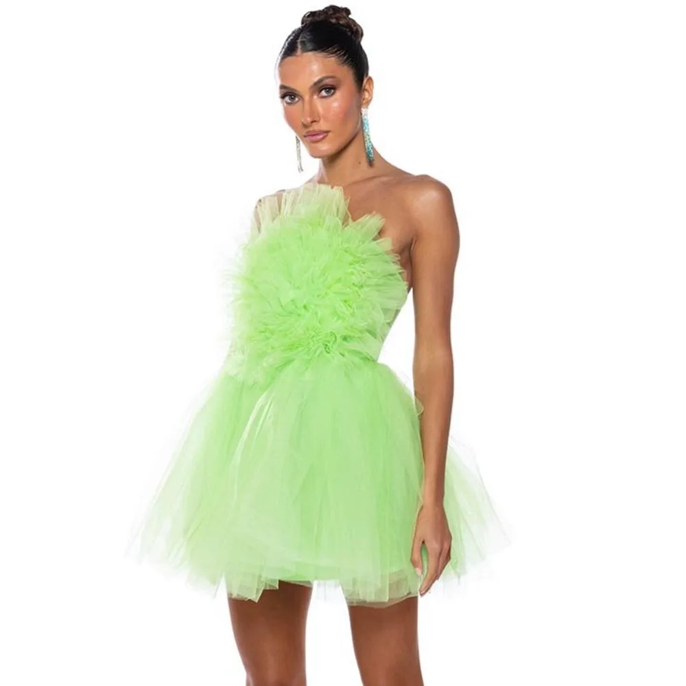 

Strapless Light Green Tulle Ball Gown Mini Length Layered Woman Clothes Custom Made Ruffled Party Dress Simple Gowns Free Shippi