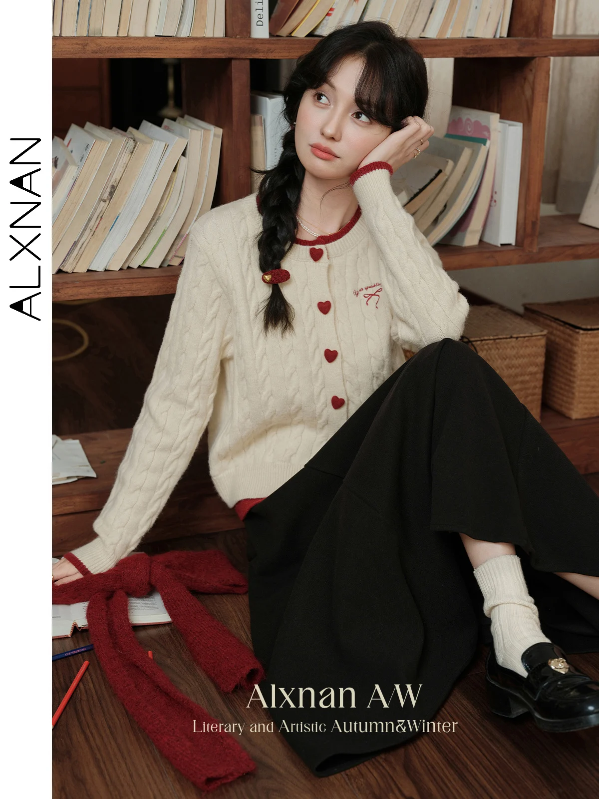 ALXNAN Women's Sweet Fake 2 Piece Cardigans Trendy Bow Embroidery O-neck Heart Button 2024 Fall Winter Loose Sweater DYL661356SY