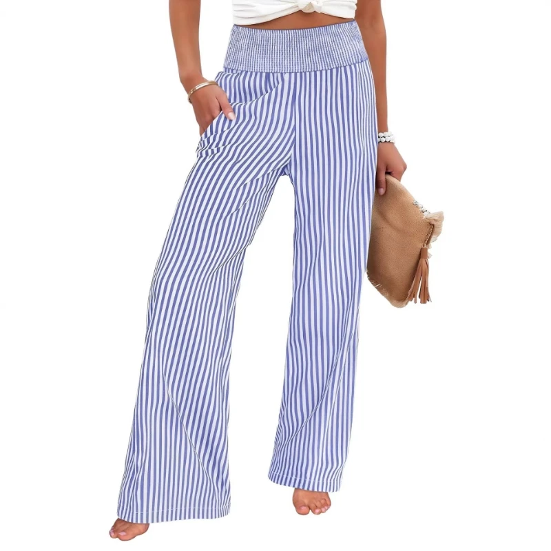 2026 Summer New Cotton Striped Casual Loose Shoulder High Waisted Straight Leg Pants for Women